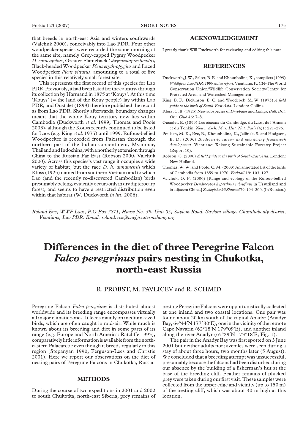 Differences in the Diet of Three Peregrine Falcon Falco Peregrinus Pairs Nesting in Chukotka, North-East Russia