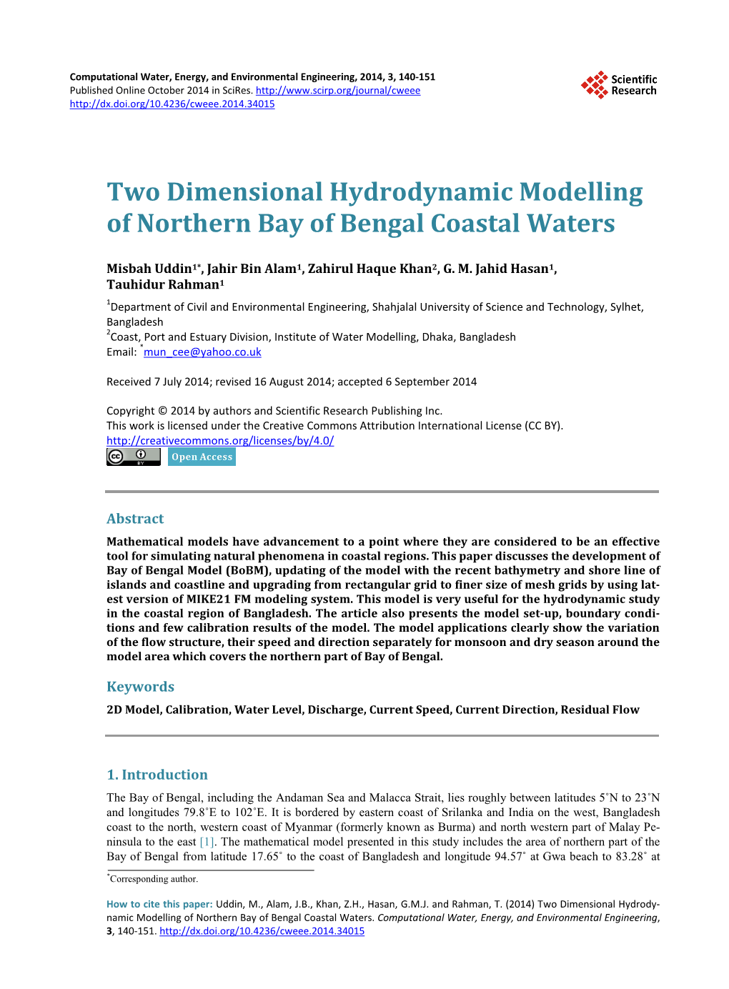 Two Dimensional Hydrodynamic Modelling of Northern Bay of Bengal Coastal Waters