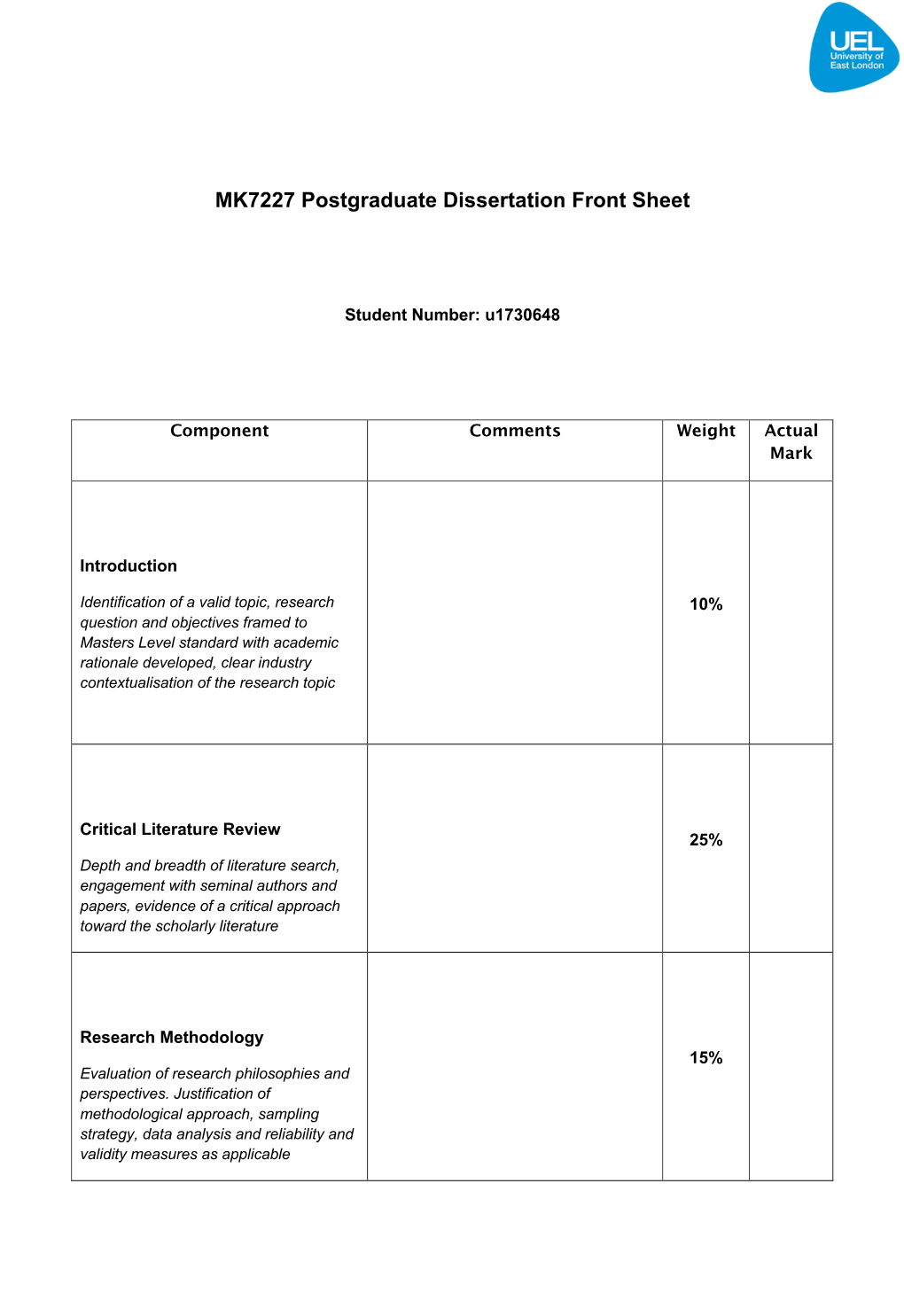 MK7227 Postgraduate Dissertation Front Sheet