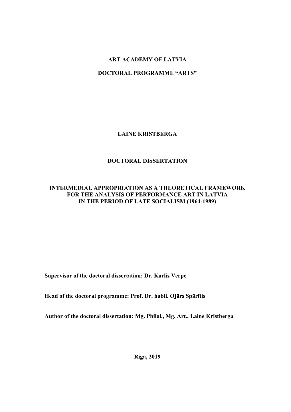 Laine Kristberga Doctoral Dissertation Intermedial