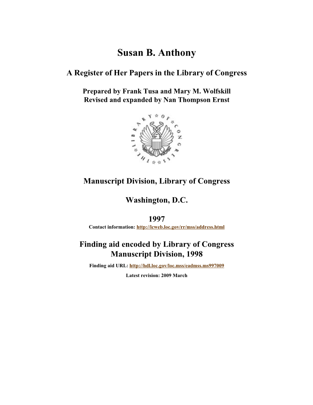 Papers of Susan B. Anthony [Finding Aid]. Library