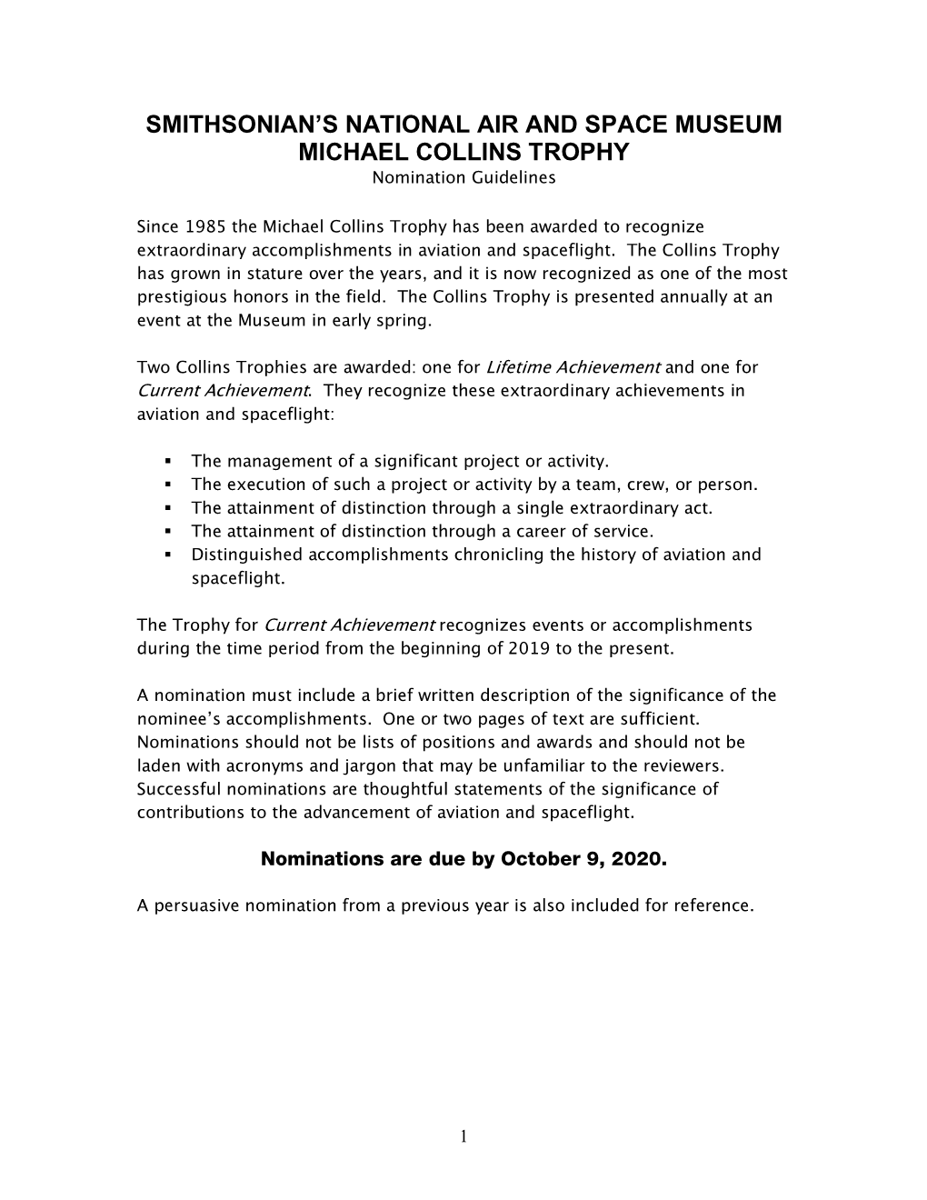 Guidelines for Applying Ofr the Michael Collins Trophy