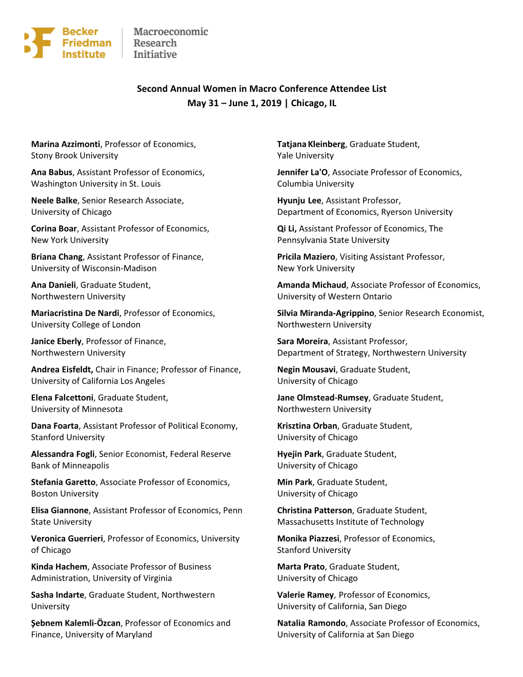 Second Annual Women in Macro Conference Attendee List May 31 – June 1, 2019 | Chicago, IL