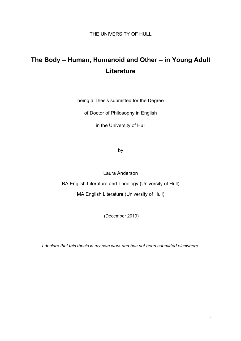 The Body – Human, Humanoid and Other – in Young Adult Literature