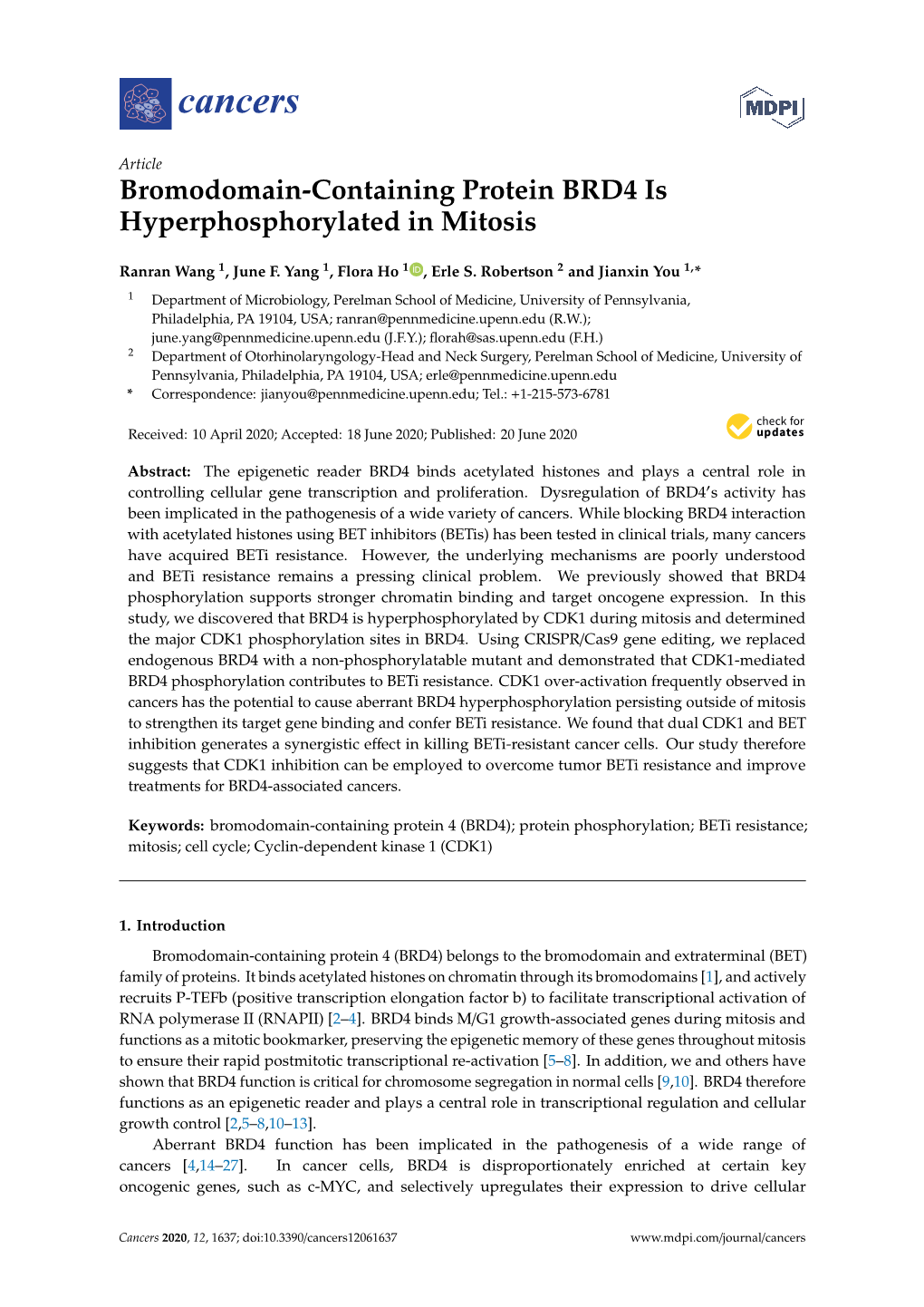 Bromodomain-Containing Protein BRD4 Is Hyperphosphorylated in Mitosis