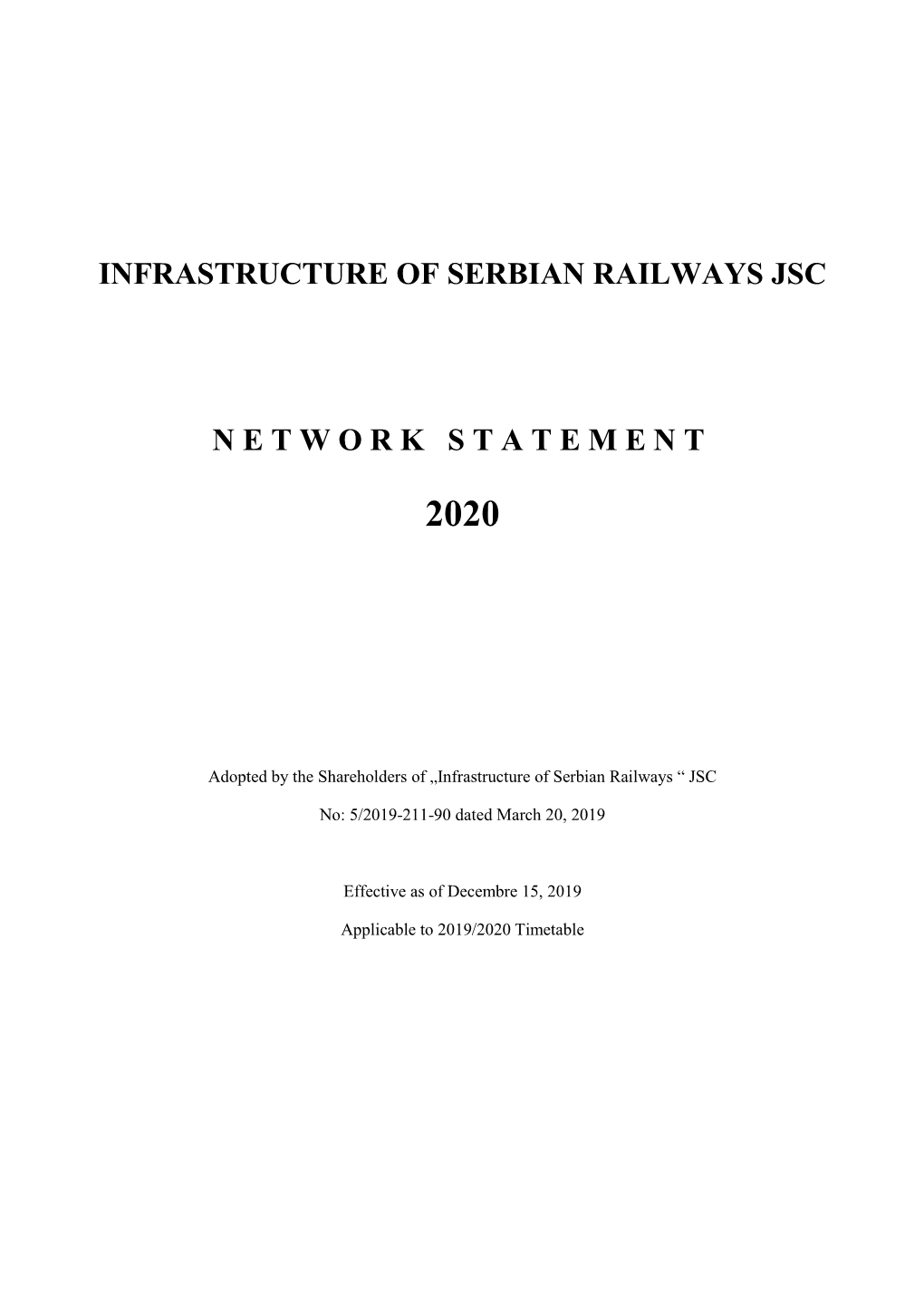 Infrastructure of Serbian Railways Jsc Network Statement 2020