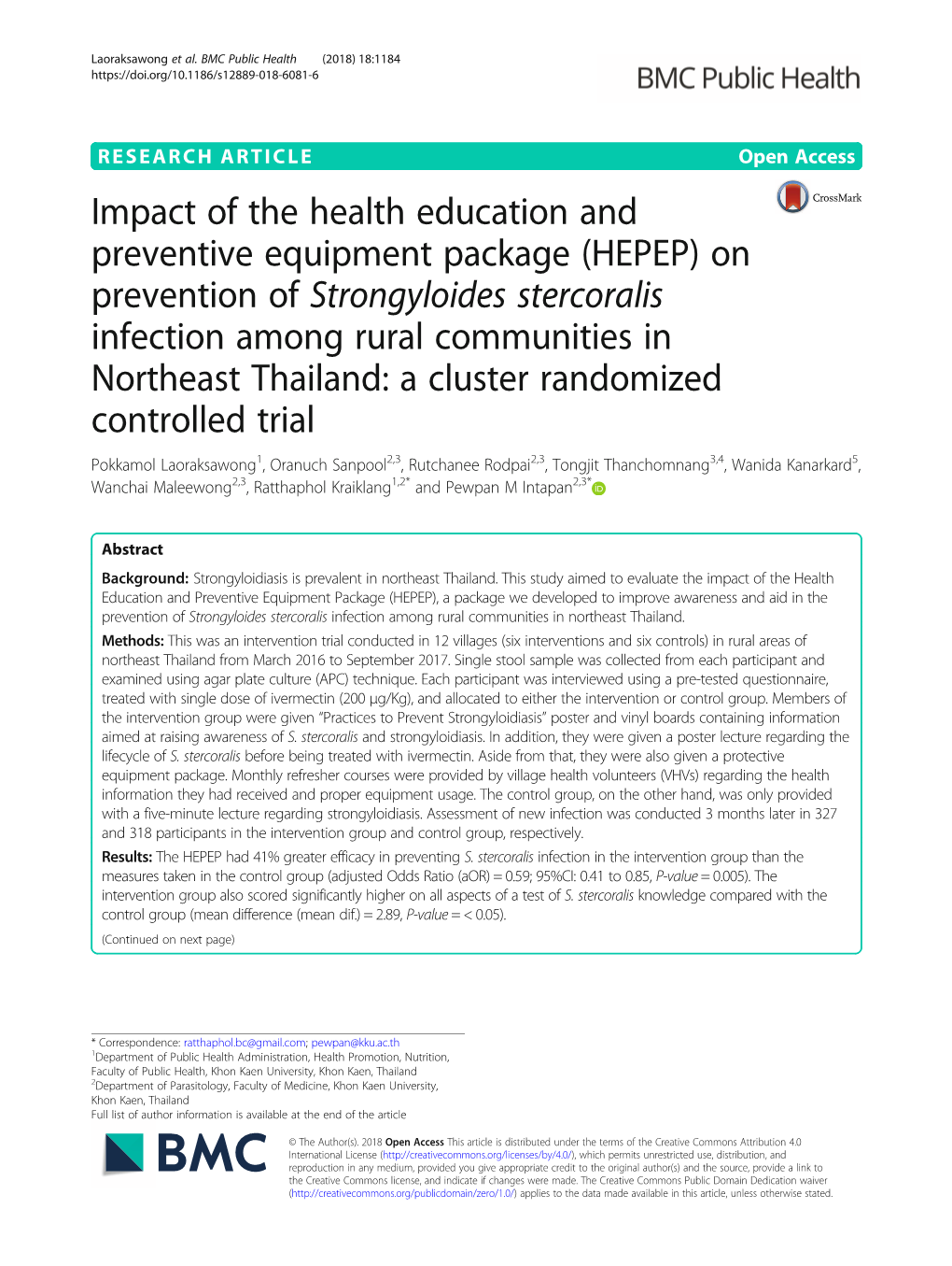 Impact of the Health Education and Preventive Equipment Package (HEPEP) on Prevention of Strongyloides Stercoralis Infection