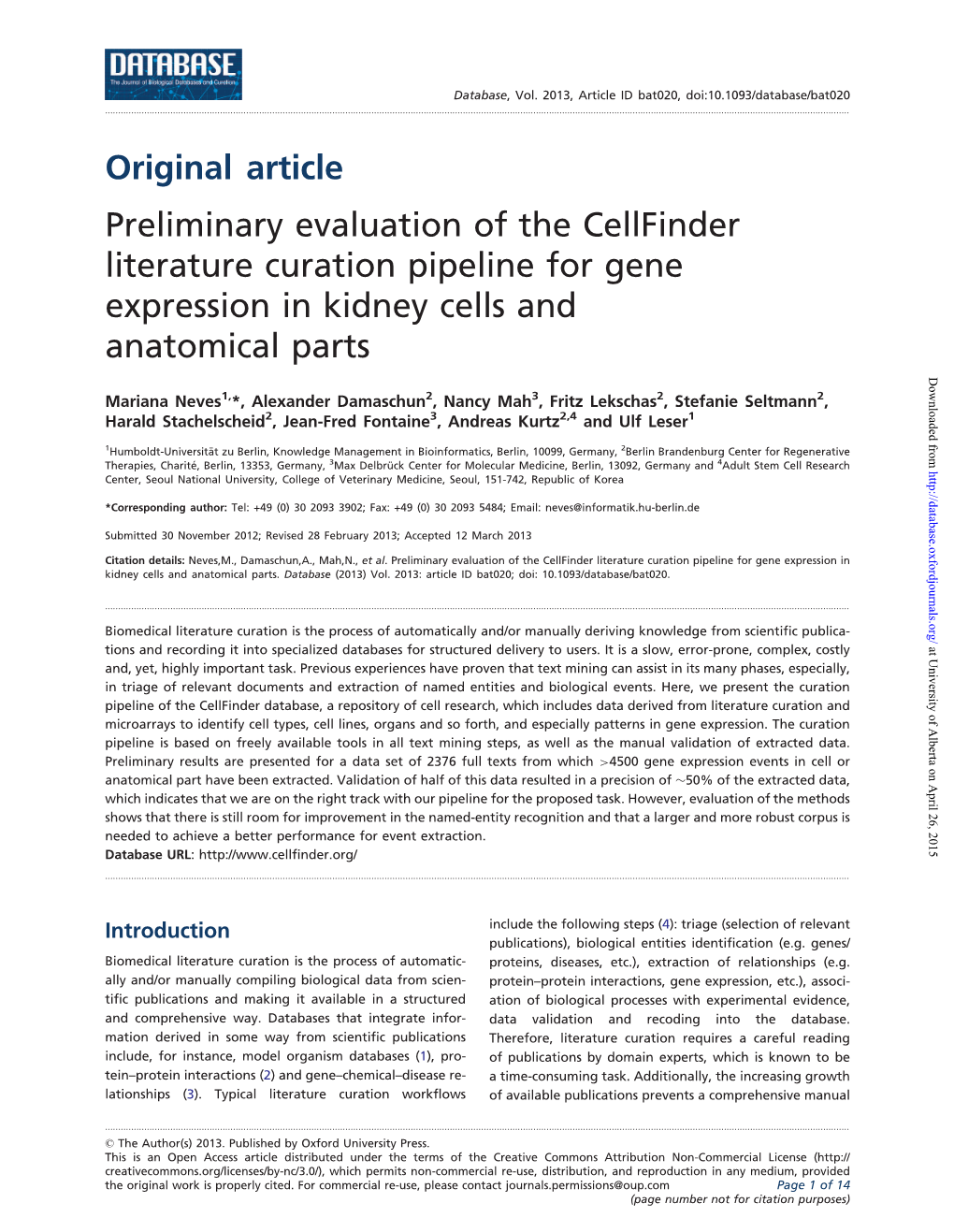 Original Article Preliminary Evaluation of the Cellfinder Literature Curation Pipeline for Gene Expression in Kidney Cells and Anatomical Parts Downloaded From
