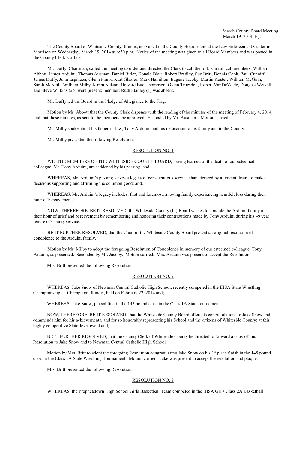 March County Board Meeting March 19, 2014; Pg. the County Board of Whiteside County, Illinois, Convened in the County Board