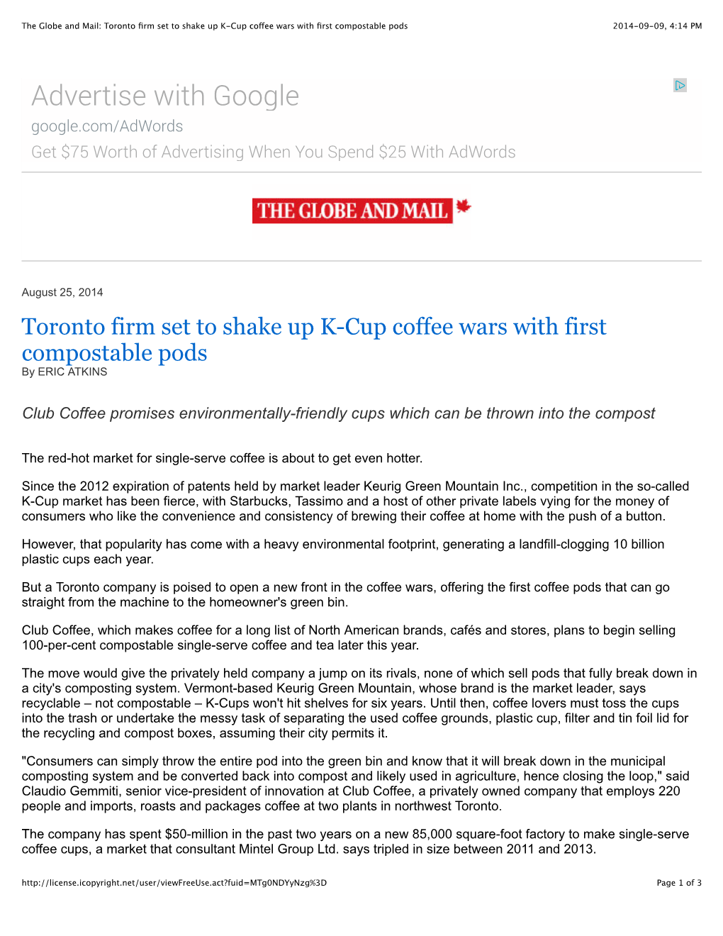 The Globe and Mail: Toronto Firm Set to Shake up K-Cup Coffee Wars with First Compostable Pods