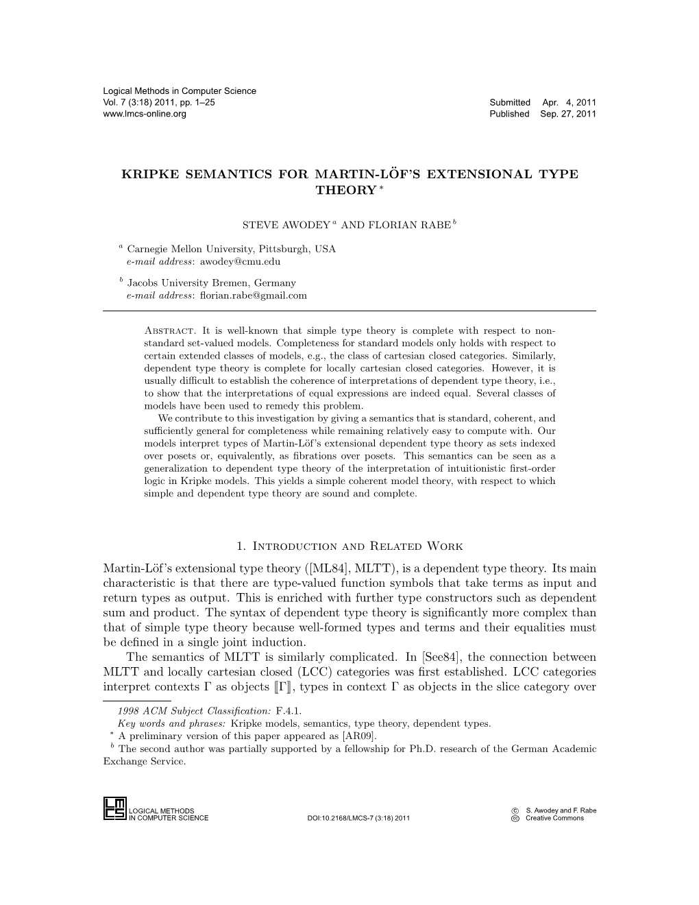Kripke Semantics for Martin-L¨Of's Extensional Type