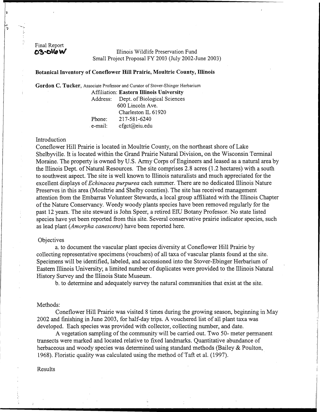 Final Report O3-Ae(P VV Illinois Wildlife Preservation Fund Small Project Proposal FY 2003 (July 2002-June 2003)