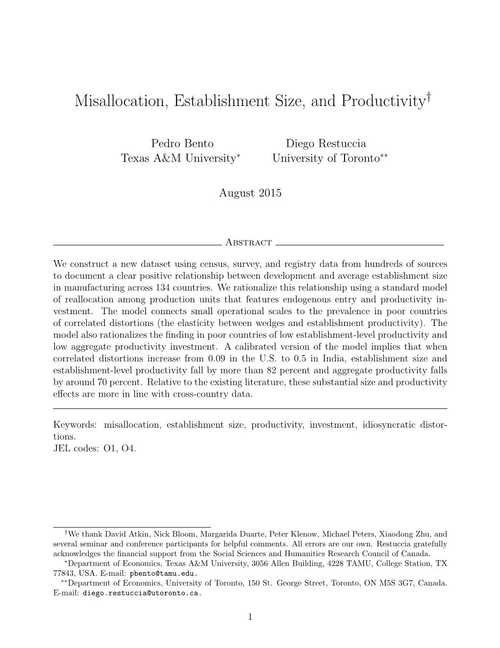 Misallocation, Establishment Size, and Productivity†