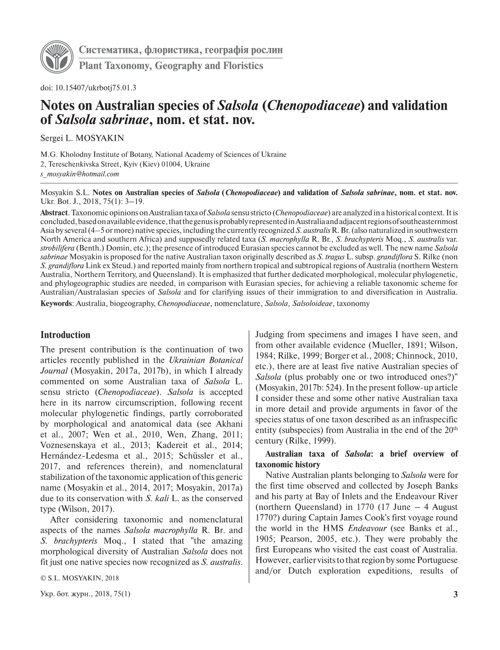 Notes on Australian Species of Salsola (Chenopodiaceae) and Validation of Salsola Sabrinae, Nom