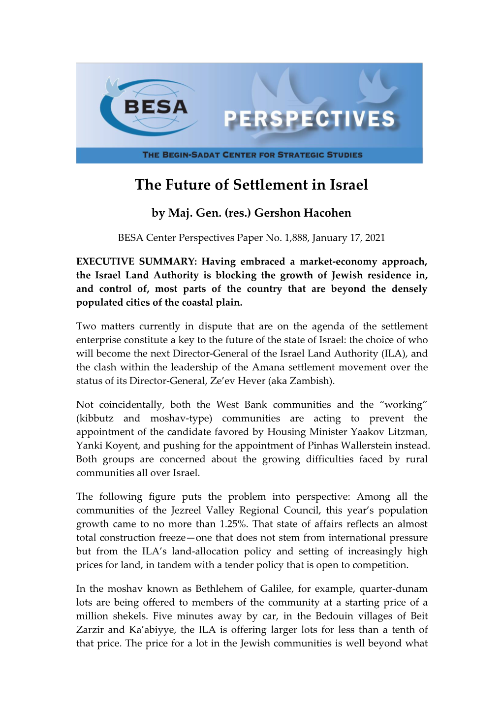 The Future of Settlement in Israel