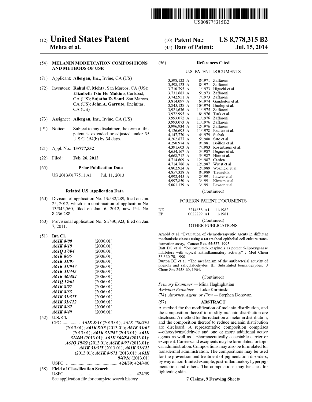 (12) United States Patent (10) Patent No.: US 8,778,315 B2 Mehta Et Al