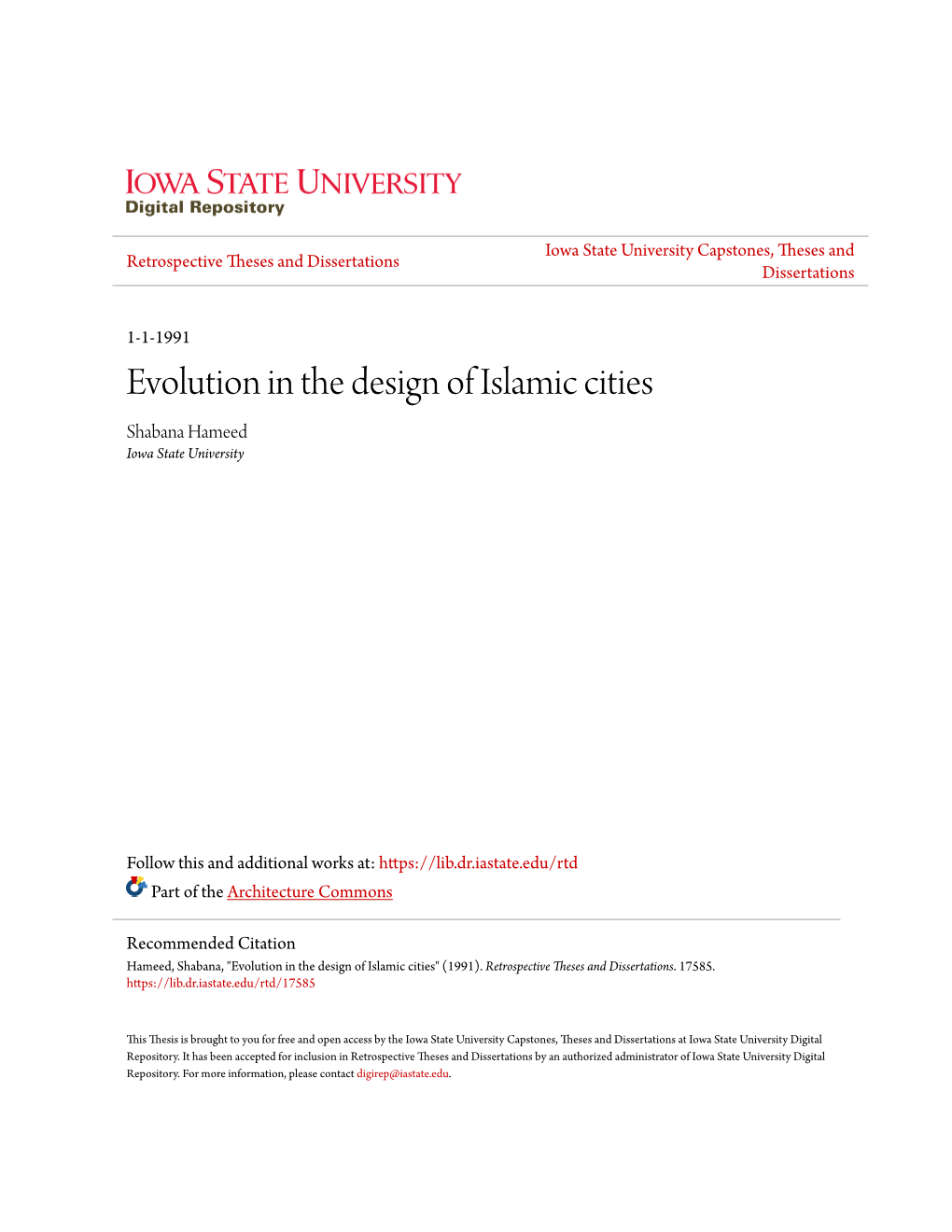 Evolution in the Design of Islamic Cities Shabana Hameed Iowa State University