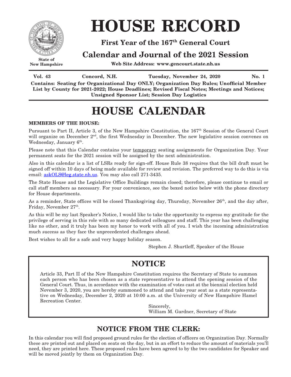 HOUSE RECORD First Year of the 167Th General Court Calendar and Journal of the 2021 Session State of New Hampshire Web Site Address