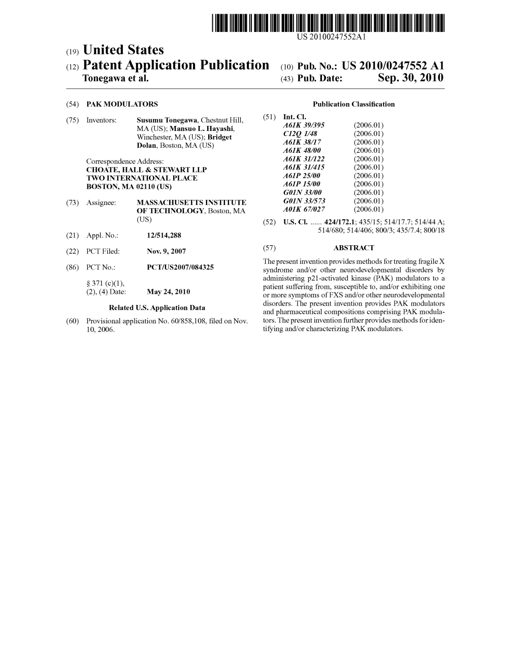 (12) Patent Application Publication (10) Pub. No.: US 2010/0247552 A1 Tonegawa Et Al