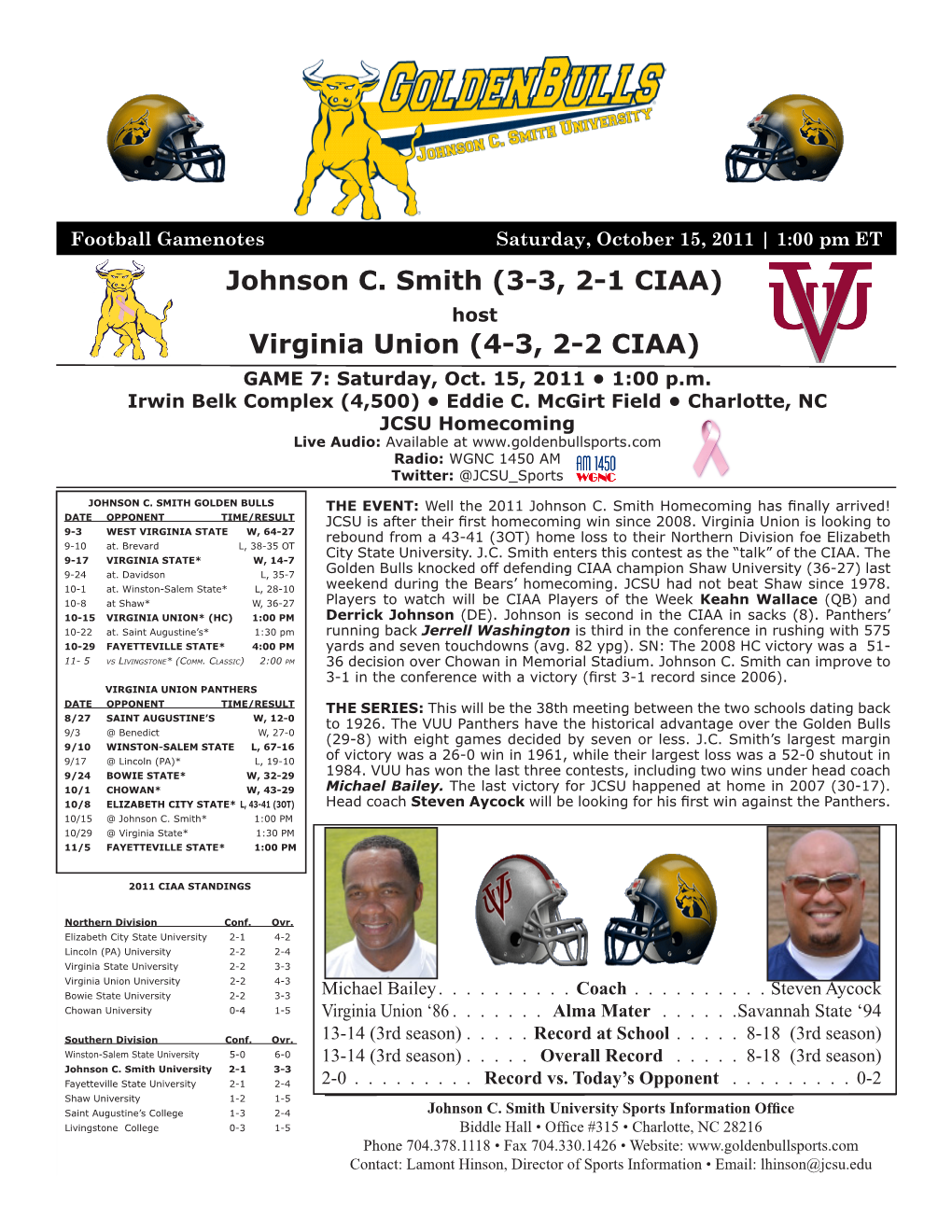 Virginia Union (4-3, 2-2 CIAA) GAME 7: Saturday, Oct