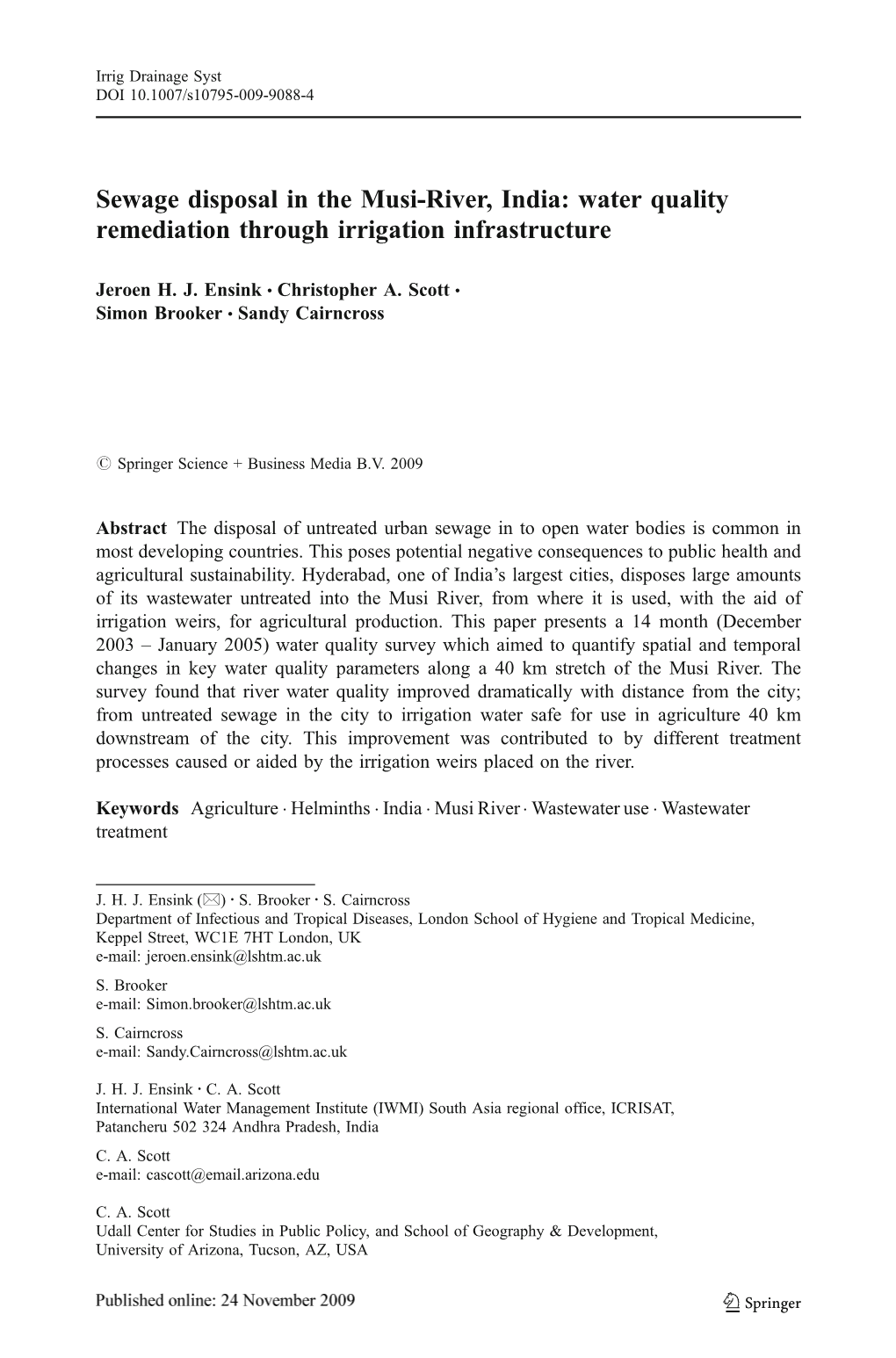 Sewage Disposal in the Musi-River, India: Water Quality Remediation Through Irrigation Infrastructure