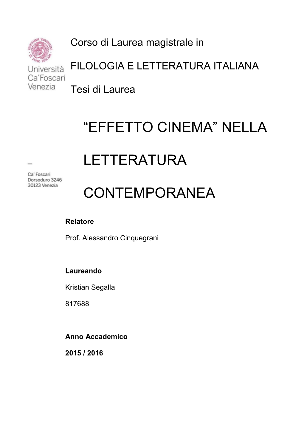 “Effetto Cinema” Nella Letteratura Contemporanea