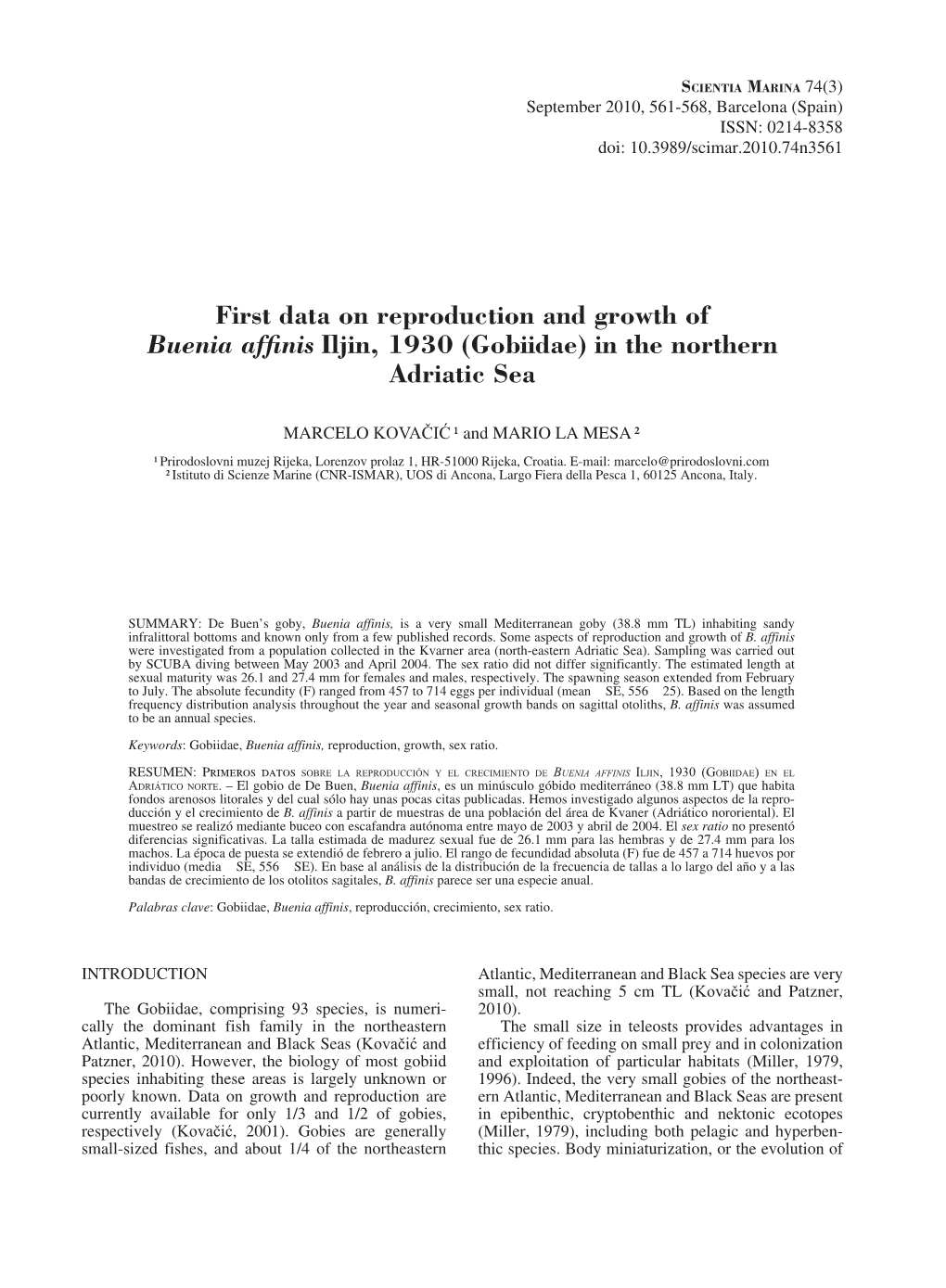 First Data on Reproduction and Growth of Buenia Affinis Iljin, 1930 (Gobiidae) in the Northern Adriatic Sea
