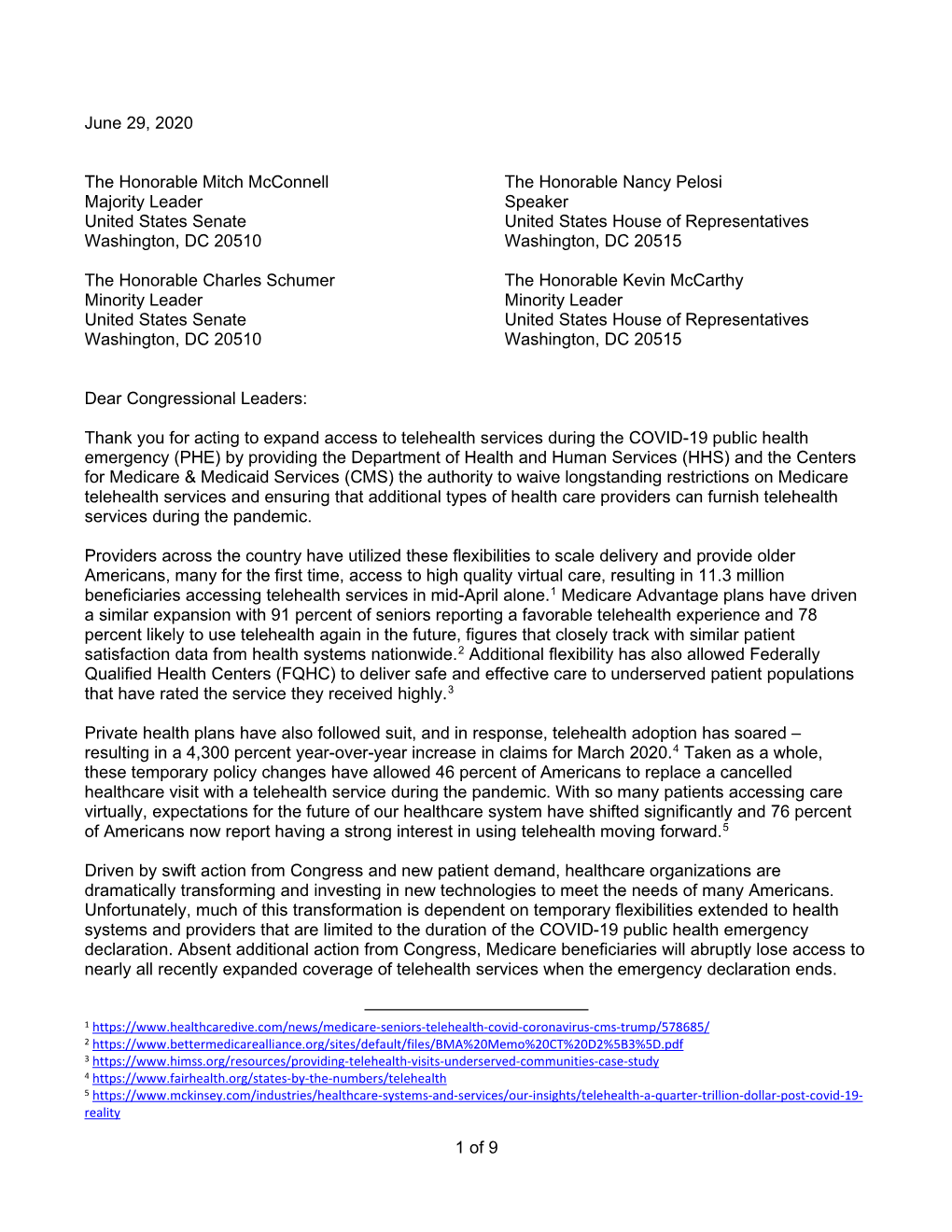 Health Partner Letter to Congress Re Telehealth Priorities