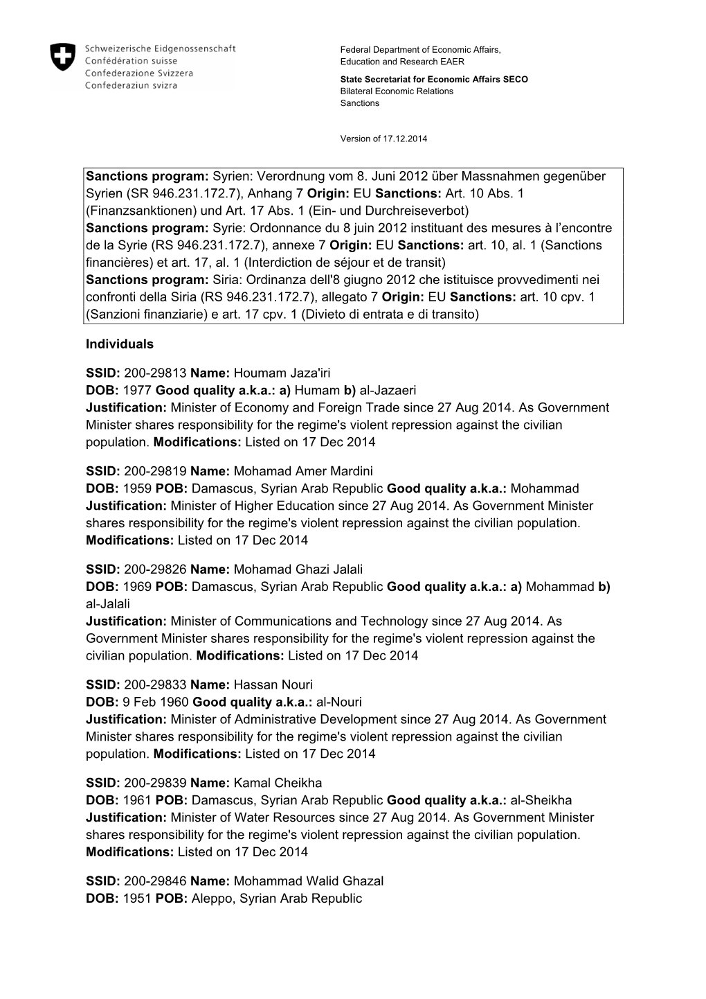 Verordnung Vom 8. Juni 2012 Über Massnahmen Gegenüber Syrien (SR 946.231.172.7), Anhang 7 Origin: EU Sanctions: Art