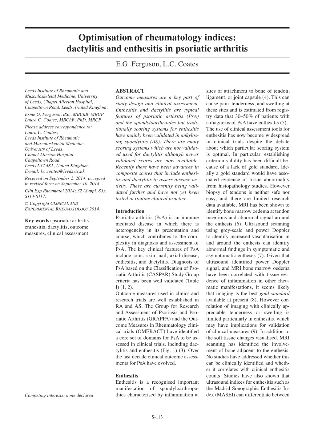 Dactylitis and Enthesitis in Psoriatic Arthritis E.G