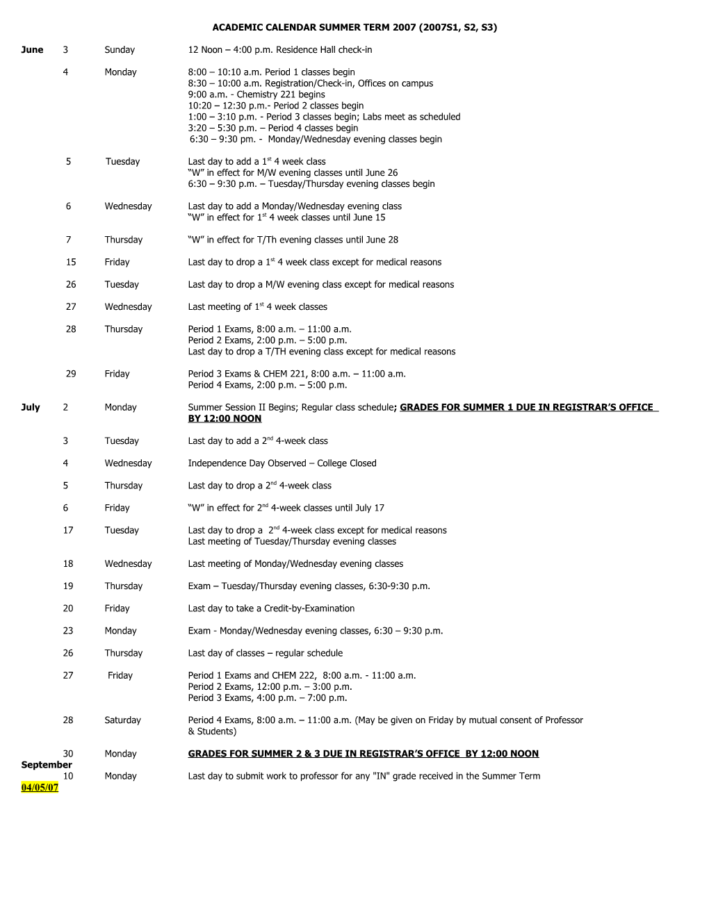 Academic Calendar Summer Term 2007 (2007S1, S2, S3)