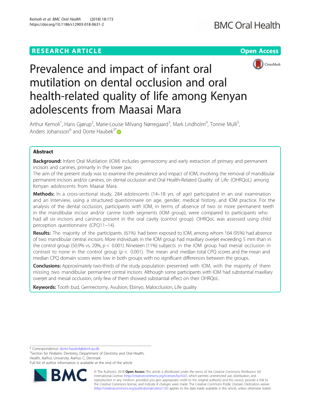 Prevalence and Impact of Infant Oral Mutilation on Dental Occlusion And