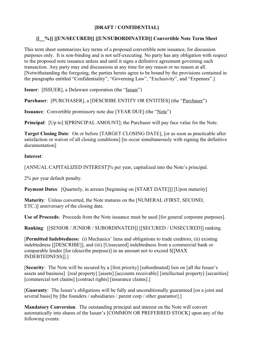 __% UN/SECURED UN/SUBORDINATED Convertible Note Term Sheet