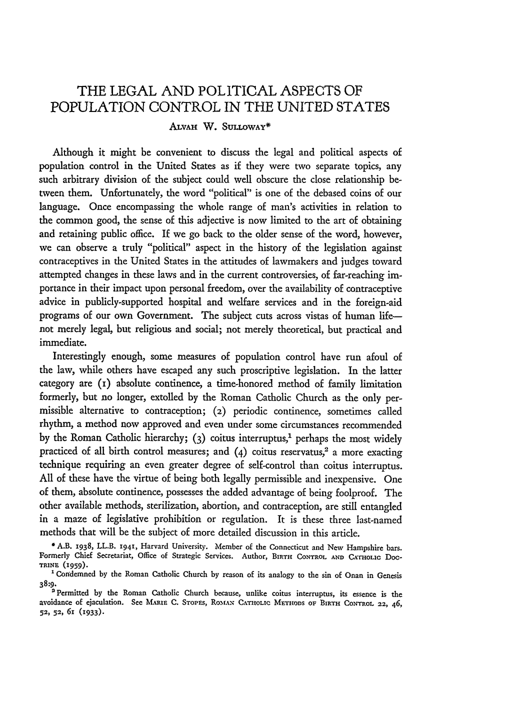 The Legal and Political Aspects of Population Control in the United States