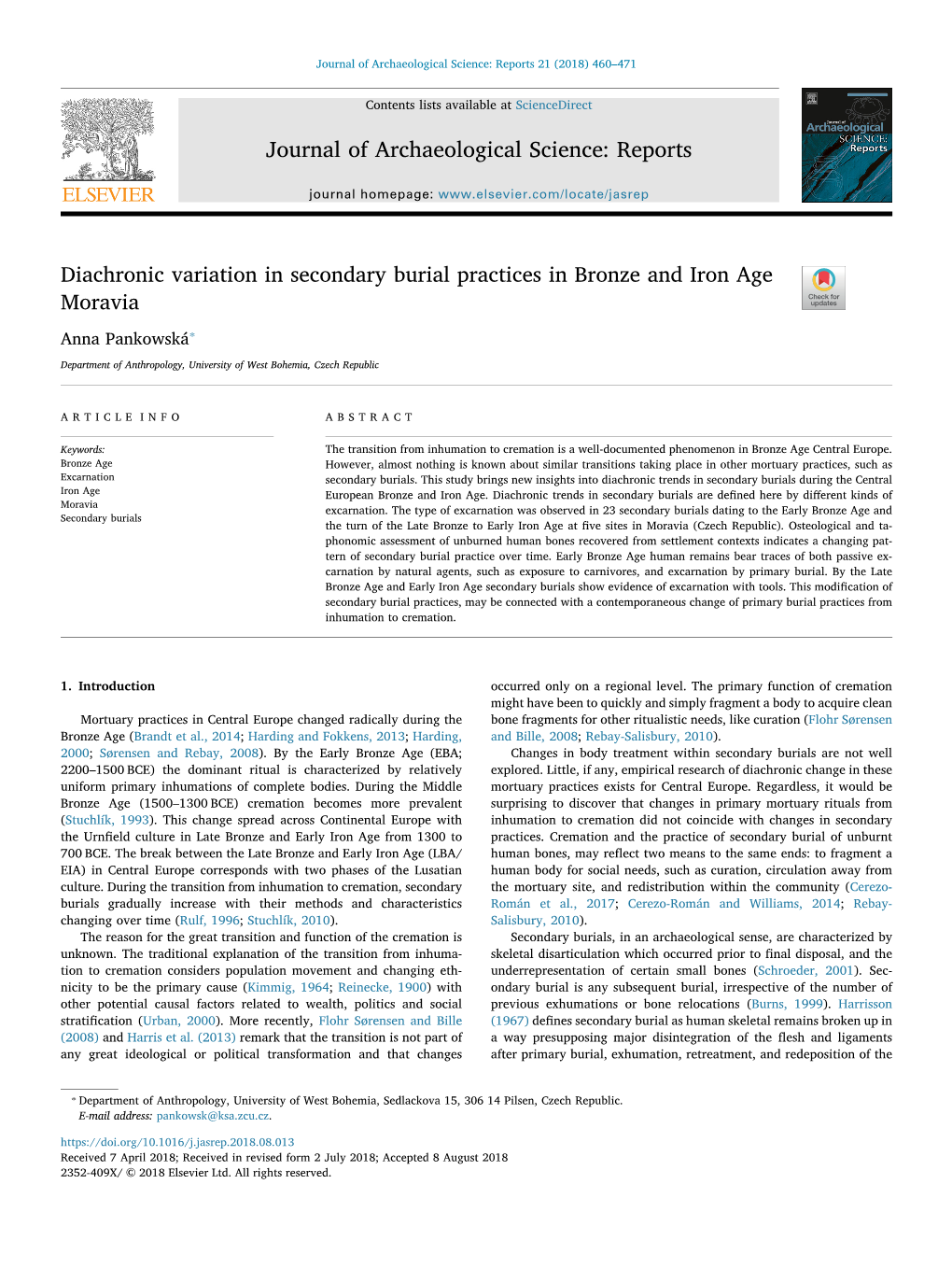 Diachronic Variation in Secondary Burial Practices in Bronze and Iron Age Moravia T ⁎ Anna Pankowská