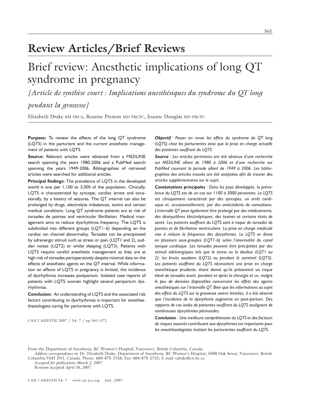 Brief Review: Anesthetic Implications of Long QT Syndrome in Pregnancy