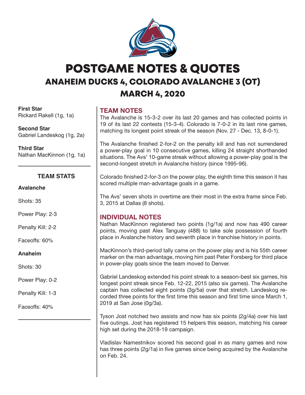 Postgame Notes & Quotes