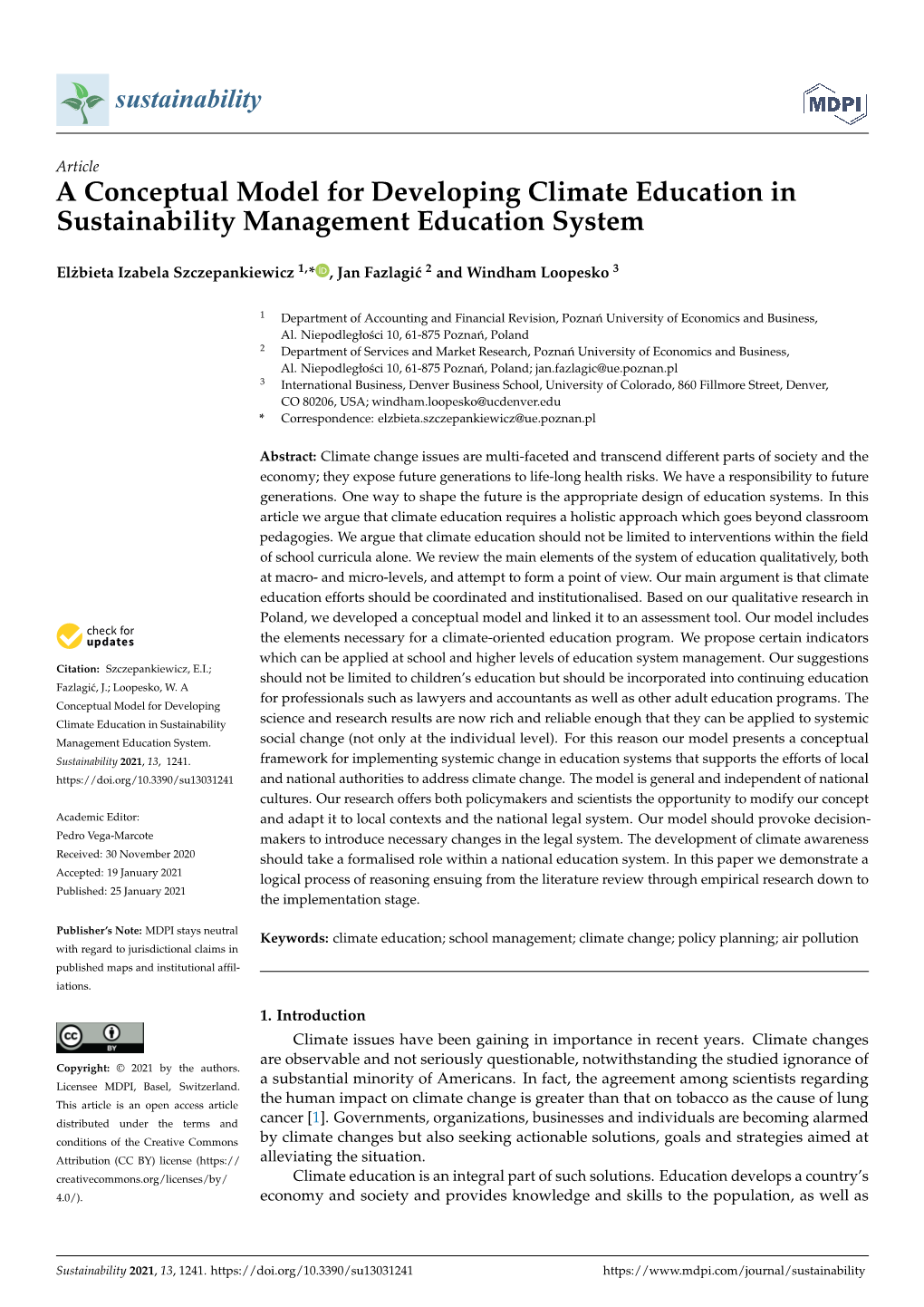 A Conceptual Model for Developing Climate Education in Sustainability Management Education System