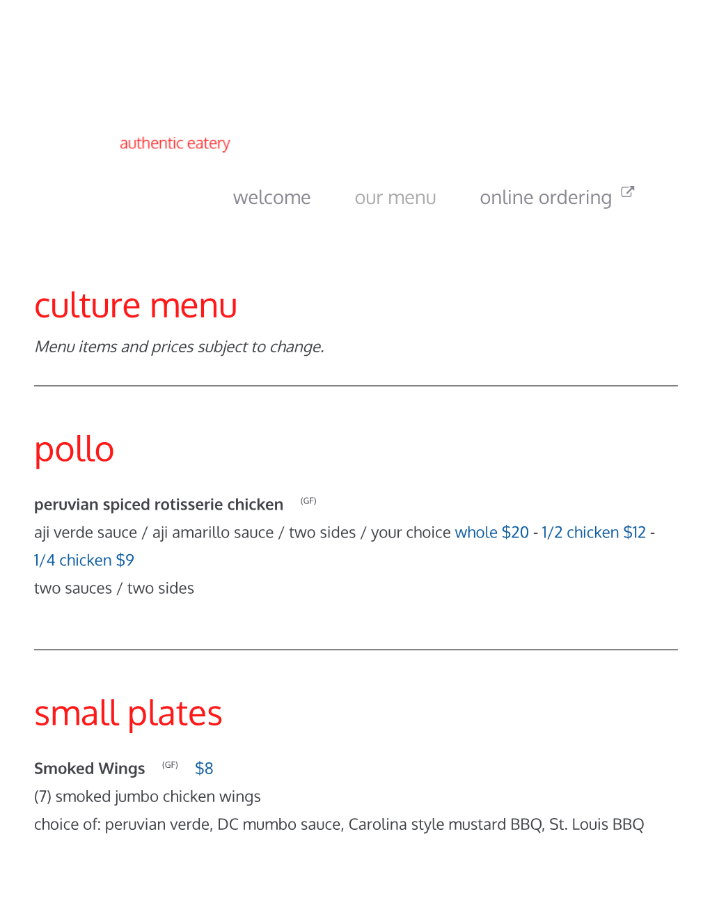 Culture Menu Pollo Small Plates