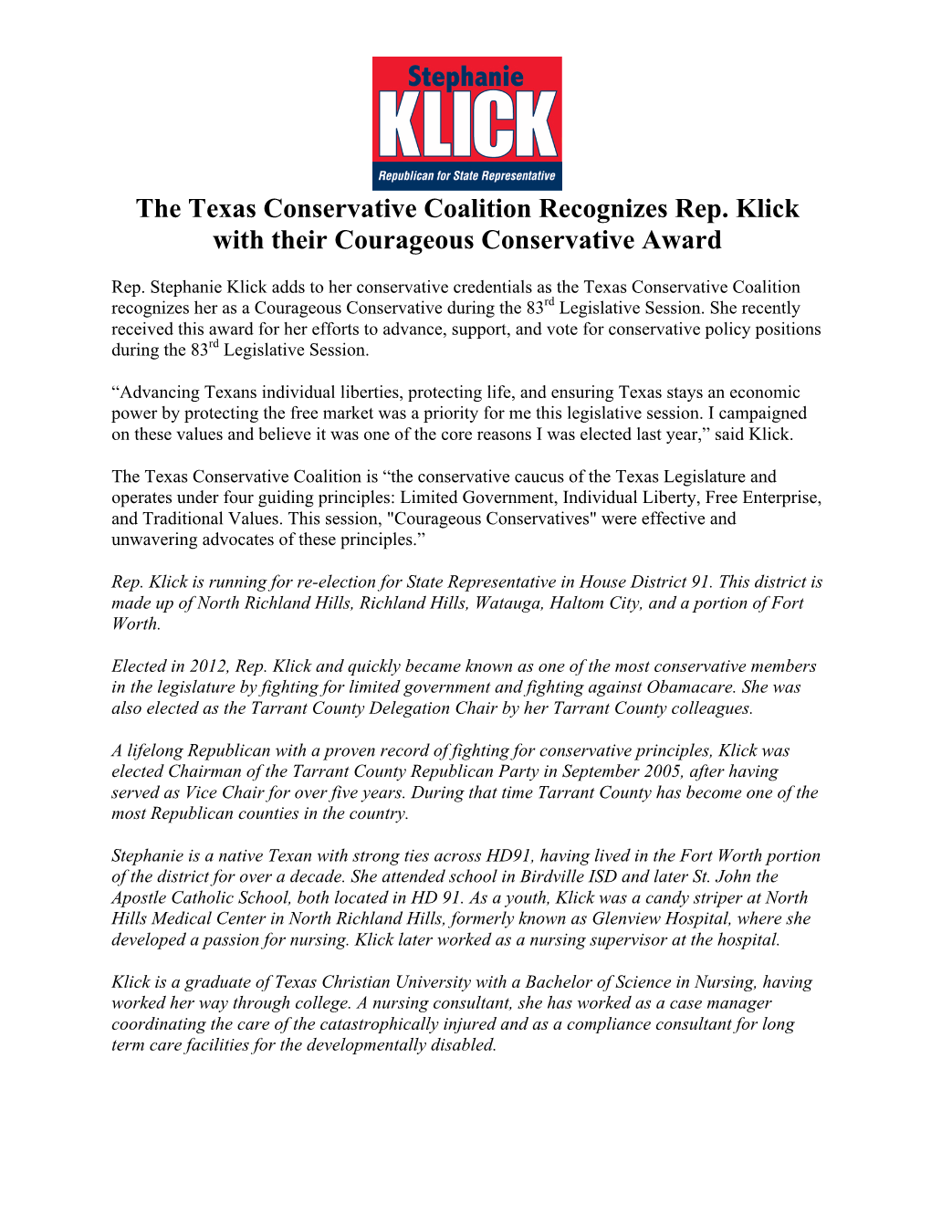 The Texas Conservative Coalition Recognizes Rep