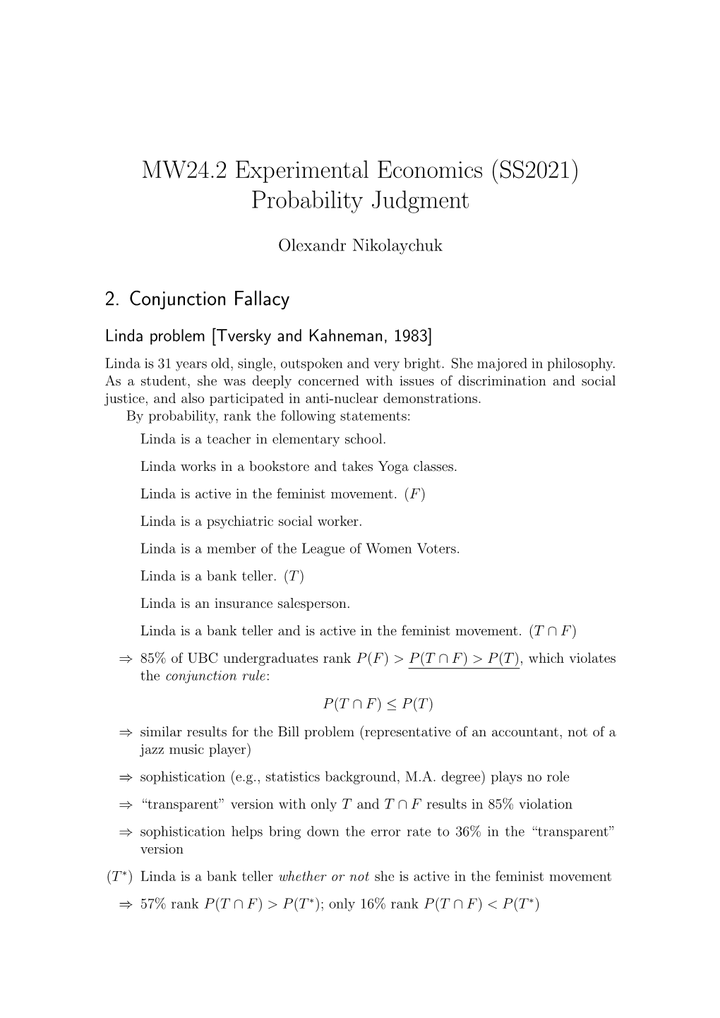 MW24.2 Experimental Economics (SS2021) Probability Judgment