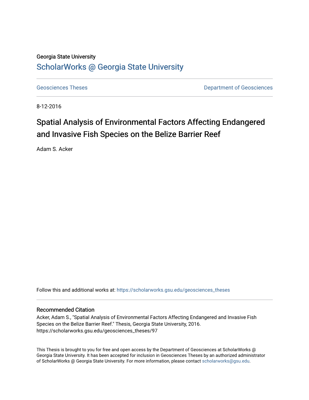 Spatial Analysis of Environmental Factors Affecting Endangered and Invasive Fish Species on the Belize Barrier Reef