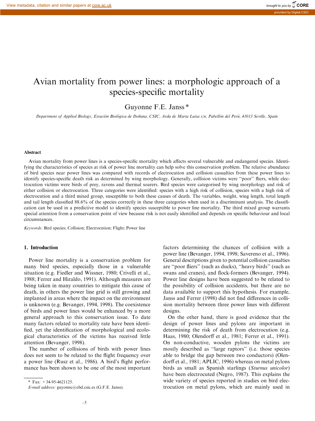 Avian Mortality from Power Lines: a Morphologic Approach of a Species-Speci®C Mortality