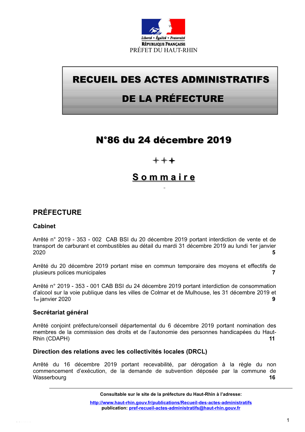 RECUEIL DES ACTES ADMINISTRATIFS DE LA PRÉFECTURE N°86 Du 24 Décembre 2019 S O M M a I