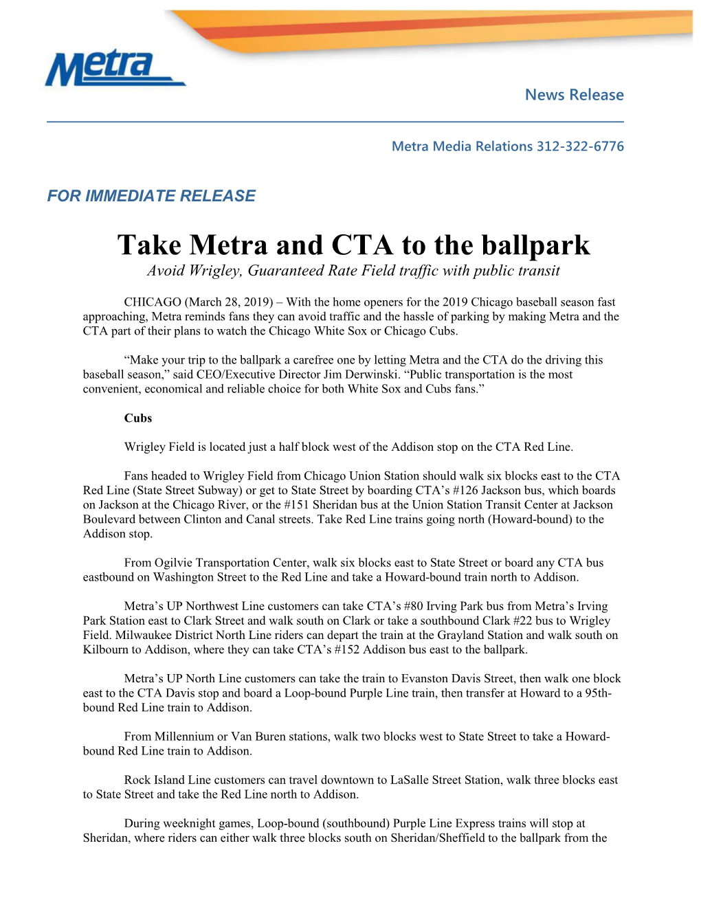 Take Metra and CTA to the Ballpark Avoid Wrigley, Guaranteed Rate Field Traffic with Public Transit