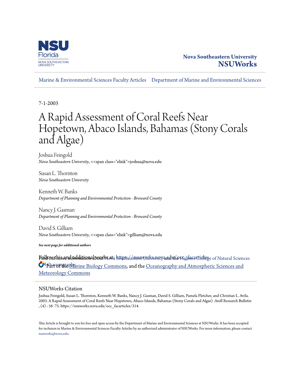 A Rapid Assessment of Coral Reefs Near Hopetown, Abaco Islands, Bahamas