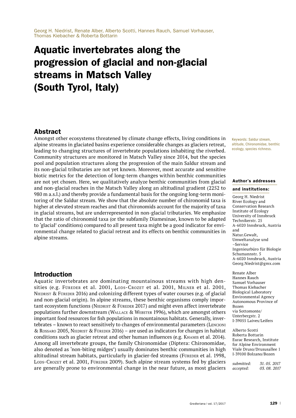 Aquatic Invertebrates Along the Progression of Glacial and Non-Glacial Streams in Matsch Valley (South Tyrol, Italy)