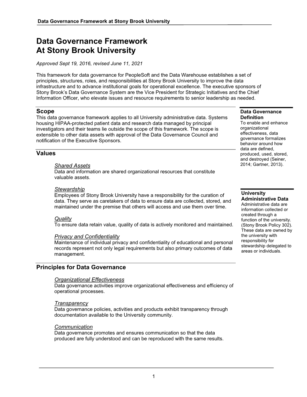 Data Governance Framework at Stony Brook University