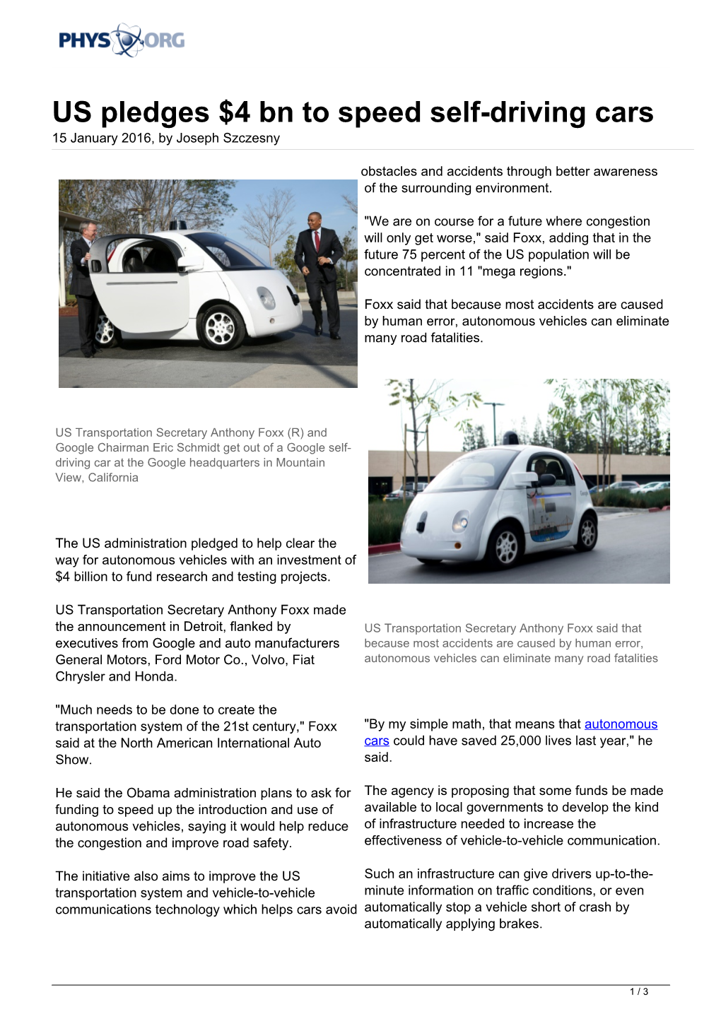 US Pledges $4 Bn to Speed Self-Driving Cars 15 January 2016, by Joseph Szczesny