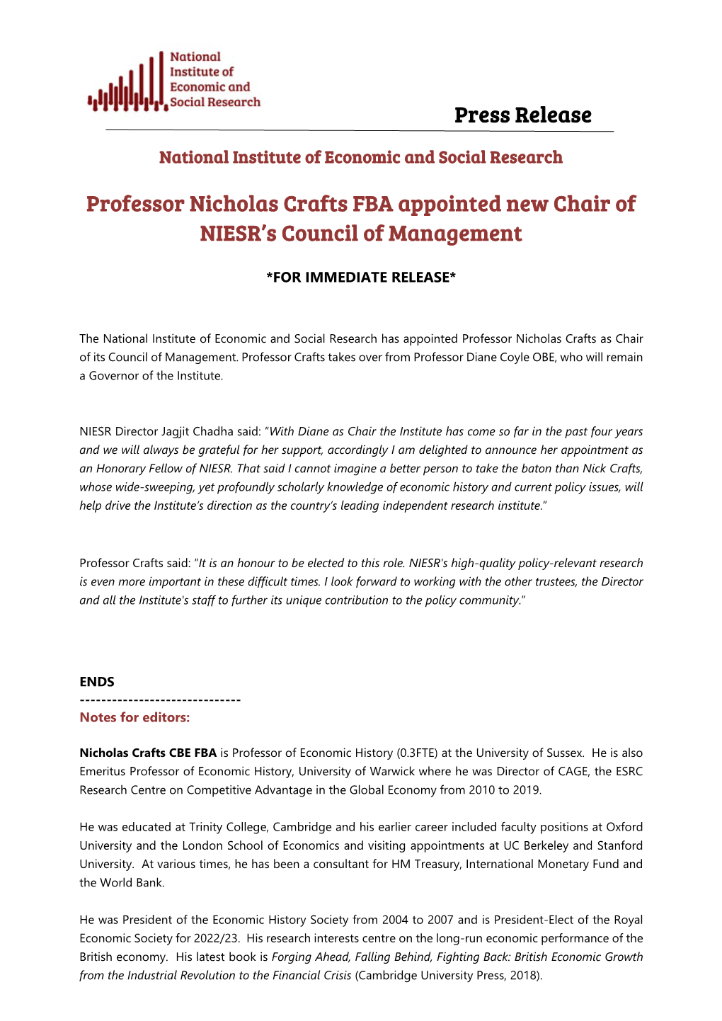 Press Release Professor Nicholas Crafts FBA Appointed New Chair of NIESR's Council of Management